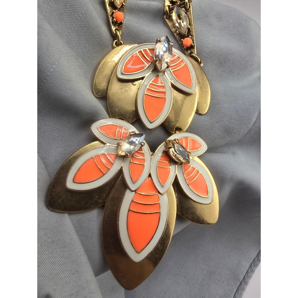 Stella & Dot Necklace Hibiscus Orange White Enamel Floral Gold Tone 20in
